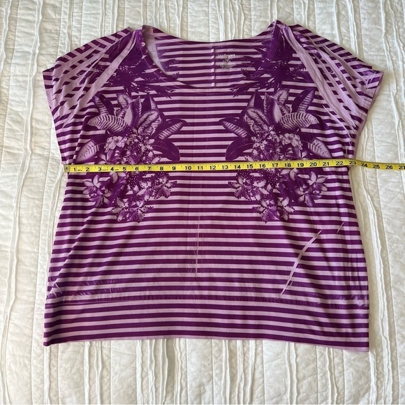 2/$30 Lane Bryant Purple Striped Floral Beaded Cold Shoulder Short Sleeve Top - Picture 9 of 11